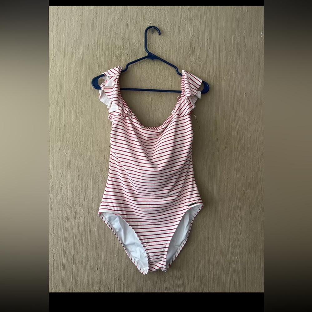 Vince Camuto Womens Size 12 White One Piece SWIMSUIT Red Stripes Short Sleeve